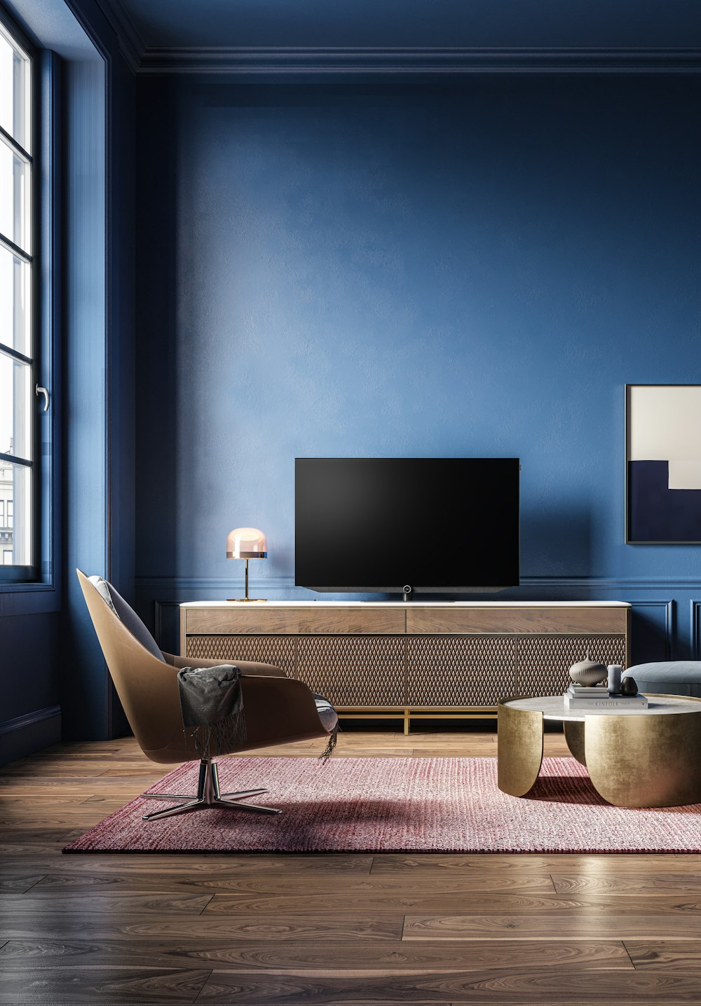 a living room with blue walls and furniture