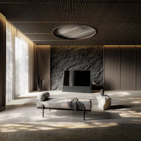 A minimalist room featuring a black and white tapestry with bold, modern lines.