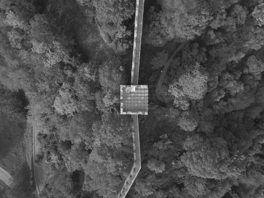 an aerial view of a building in the middle of a forest