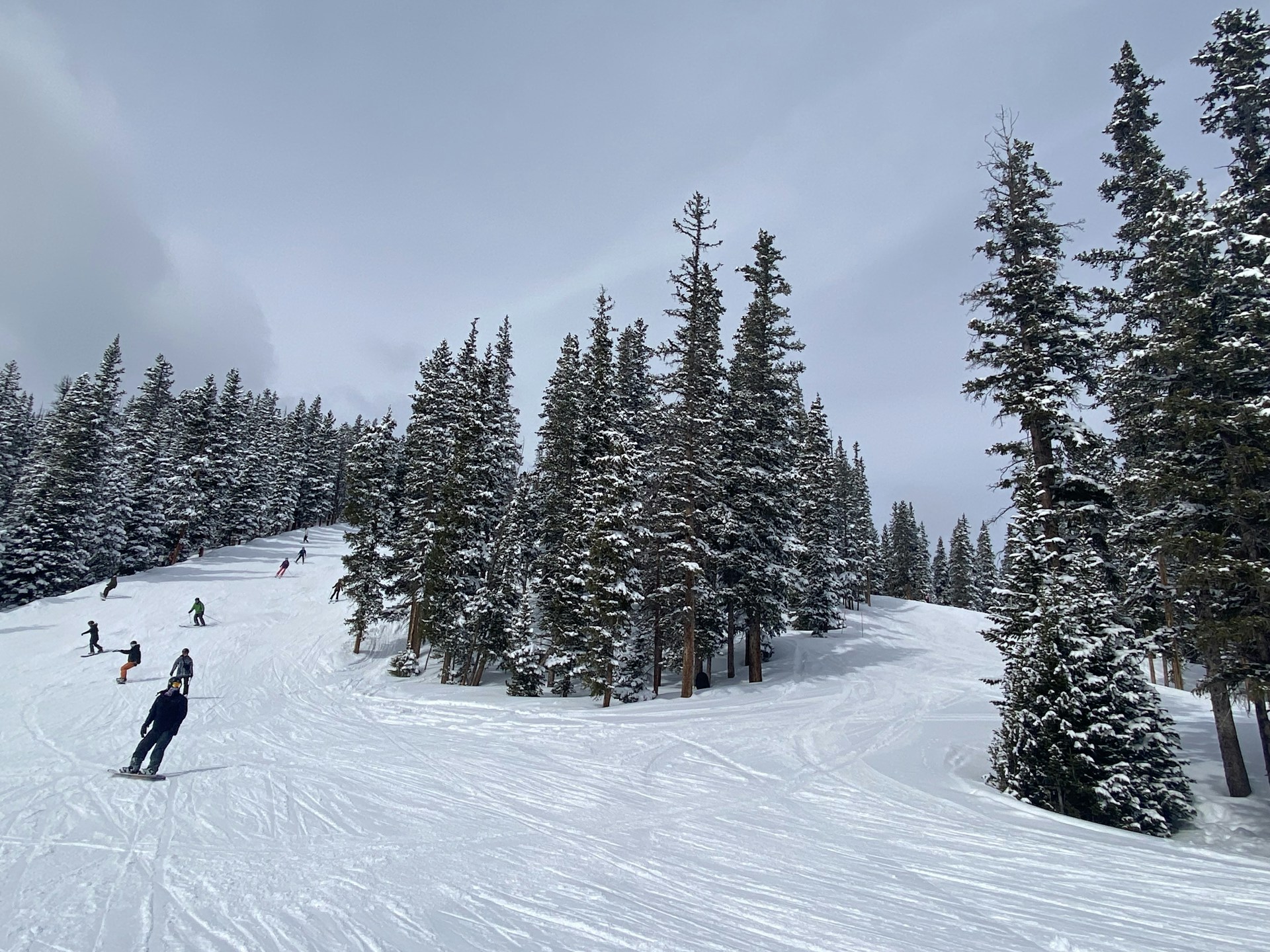 A group of people riding skis down a snow covered slope