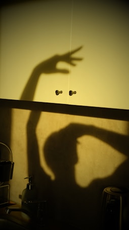 A shadow of an arm and hand is projected on a light-colored wall, with fingers forming an interesting shape. The shadow also includes the silhouette of a person, surrounded by various kitchen items like a faucet, soap dispenser, and a kettle.
