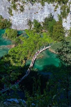 A scenic view featuring a wooden pathway meandering through vibrant green foliage and turquoise waters, set against a backdrop of rocky cliffs. People are walking along the path, enjoying the natural beauty.
