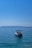 A small motorboat with a blue canopy floats on calm, clear blue water with a distant view of an island or landmass on the horizon beneath a bright blue sky.
