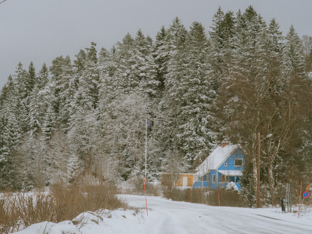 uma estrada coberta de neve com uma casa azul ao fundo