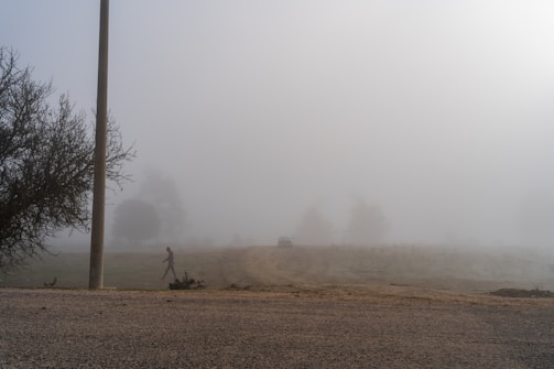 Black and white still from a cinematic scene showing a lone figure walking through fog.