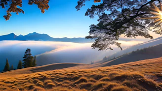 the sun shines through the clouds in the mountains