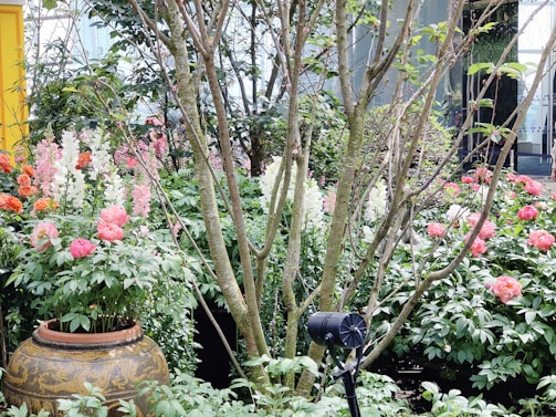 A lush garden filled with a variety of blooming flowers, such as peonies, roses, and other colorful blooms. A large decorative pot holds some of the flowers, and there are trees with bare branches interspersed among the plants. A spotlight is positioned in front of the scene, suggesting a display or event setup.