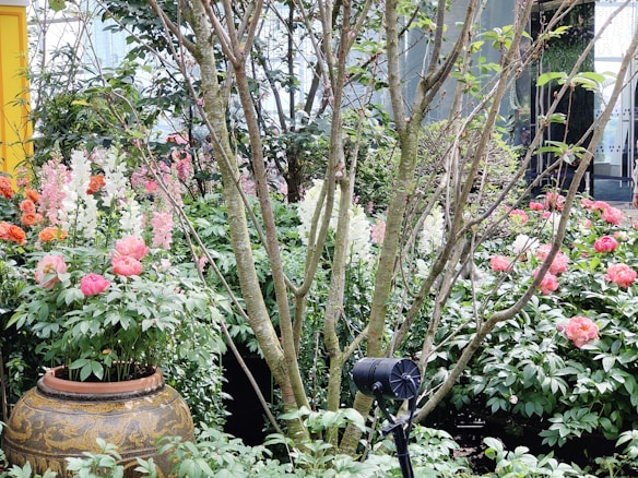 A lush garden filled with a variety of blooming flowers, such as peonies, roses, and other colorful blooms. A large decorative pot holds some of the flowers, and there are trees with bare branches interspersed among the plants. A spotlight is positioned in front of the scene, suggesting a display or event setup.