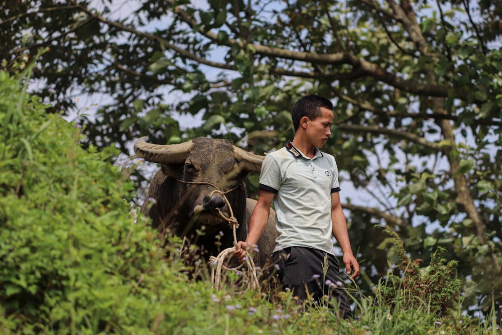 a man standing next to an animal in a forest