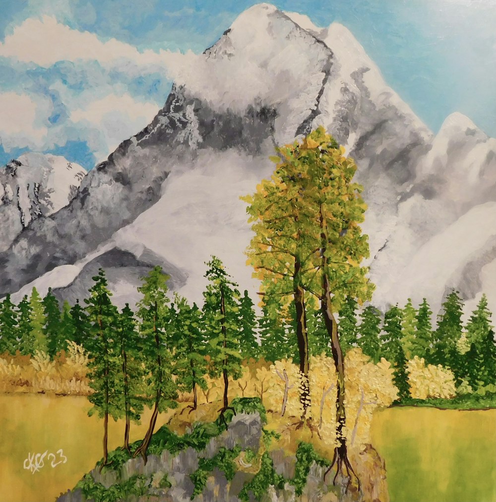 uma pintura de uma cena de montanha com árvores
