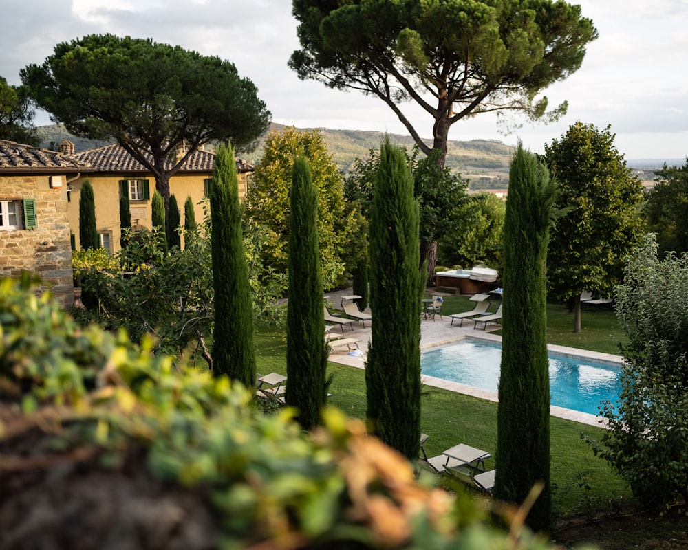 a house with a pool surrounded by trees