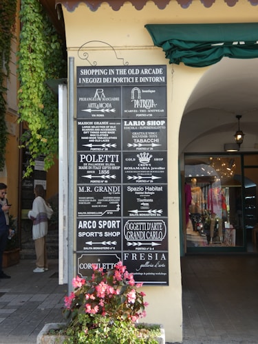 A street scene featuring a signboard listing various shops in an old arcade. The sign includes names and types of shops such as boutiques, gift shops, a sports shop, and a jeweller. The sign is attached to a building with green ivy growing on the side. In the background, people are seen walking past stores with colorful clothing displays. A potted plant with pink flowers is situated at the base of the sign.