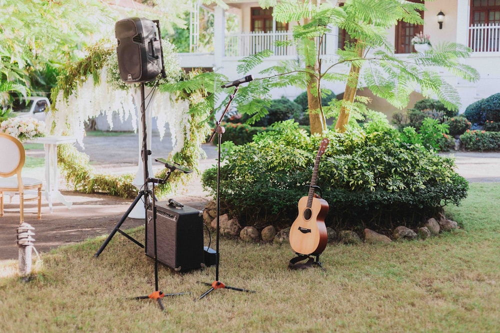 a guitar and speaker set up in the grass