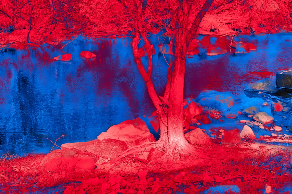 a red and blue painting of a lake and trees