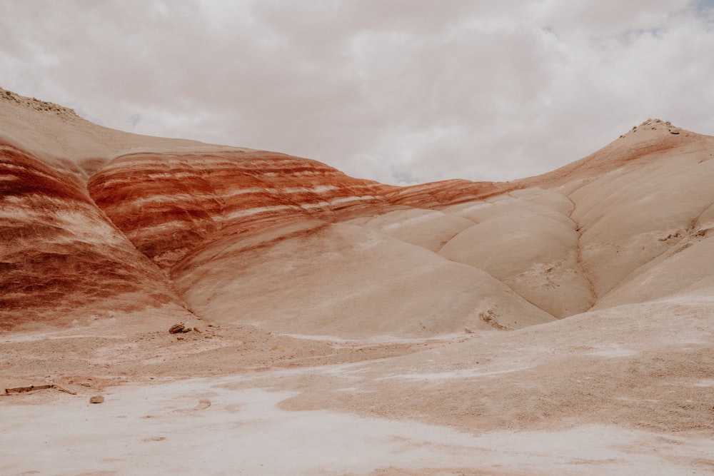 a view of a desert with a mountain in the background