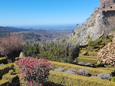 A scenic landscape featuring a structured garden with neatly trimmed hedges and colorful flowers. The garden is set on a hillside overlooking a vast expanse of rolling hills and distant mountains under a clear blue sky. A stone structure is visible on the edge of a rocky outcrop.