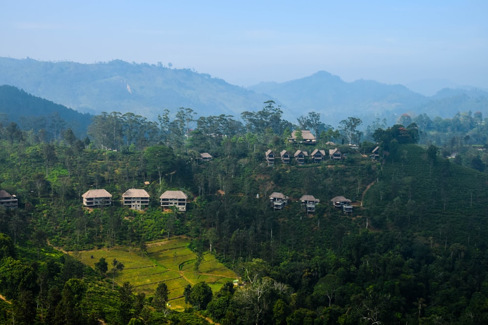 a scenic view of a resort nestled on a mountain