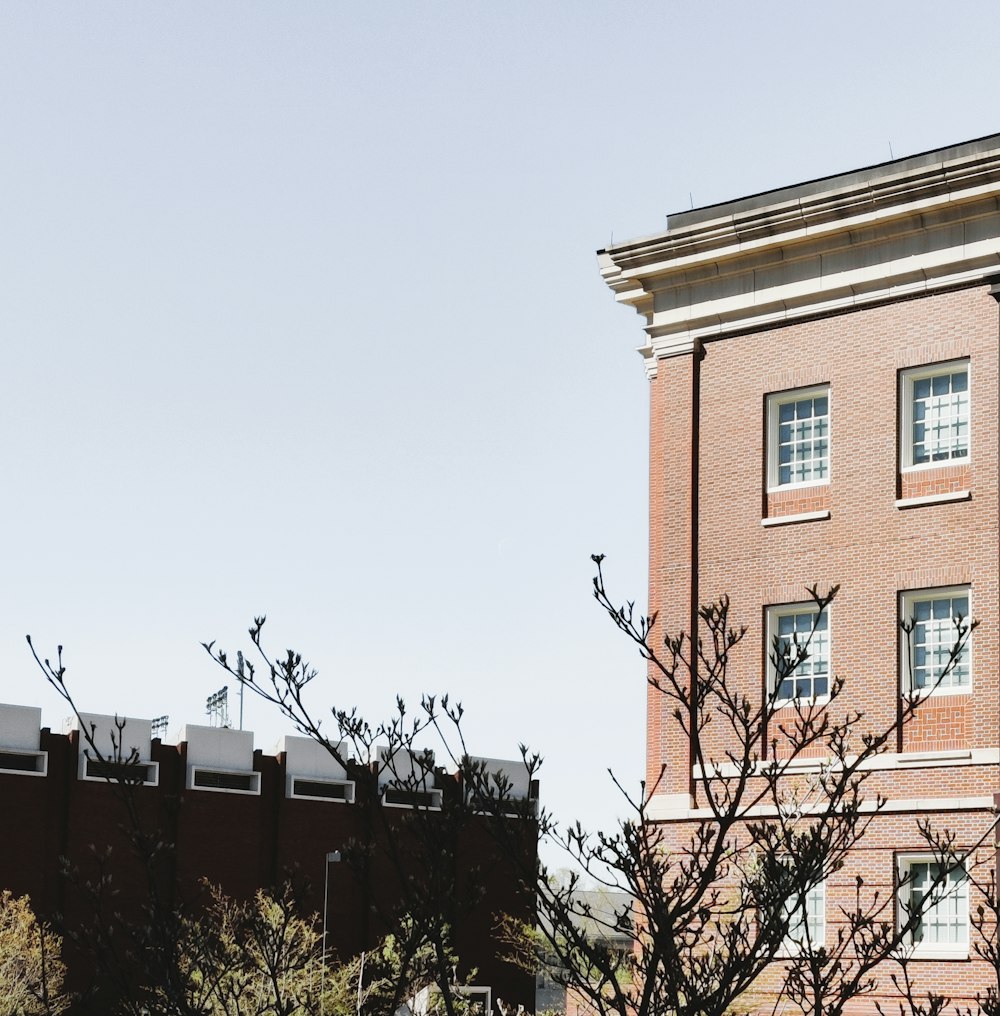 a tall brick building sitting next to a tree