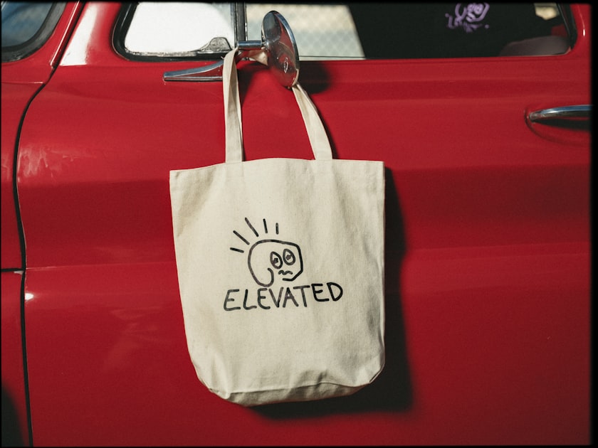 a bag hanging on the side of a red car