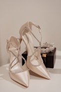 Elegant high-heeled shoes with a satin-like finish and sparkling straps, positioned on a reflective surface next to a small black box containing a crystal accessory.