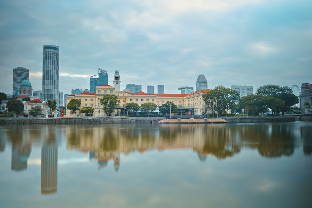 a large body of water with a city in the background