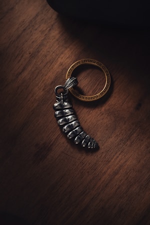 A metallic keychain featuring a patterned, segmented design that lies on a wooden surface. The keychain includes a round ring inscribed with motivational text.
