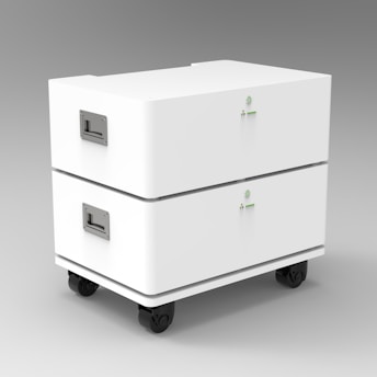 A sleek, modern white cabinet with two compartments stacked on top of each other, featuring metal handles on the sides and small, green indicator lights on the front. The unit is mounted on four black caster wheels, suitable for mobility.