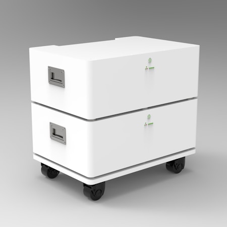 A sleek, modern white cabinet with two compartments stacked on top of each other, featuring metal handles on the sides and small, green indicator lights on the front. The unit is mounted on four black caster wheels, suitable for mobility.