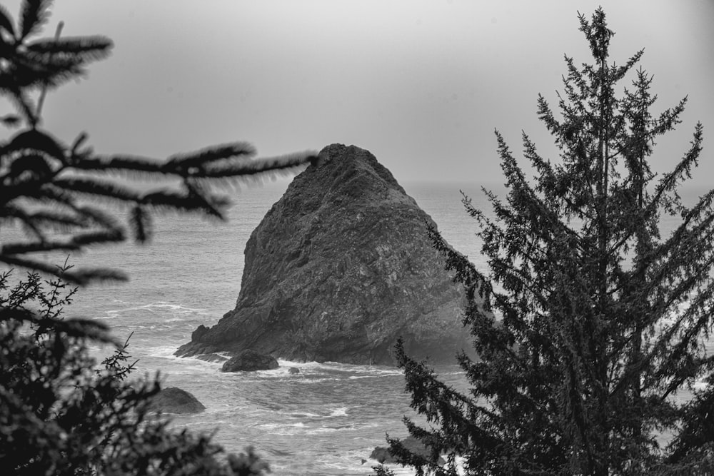 바다에있는 바위의 흑백 사진