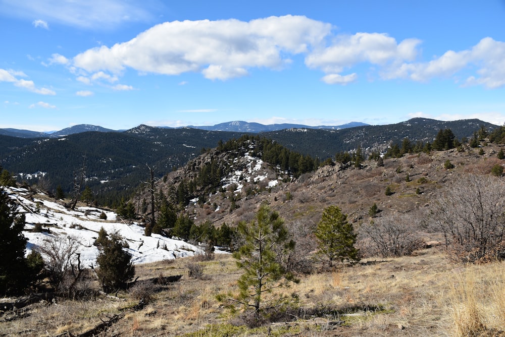 a view of a mountain range with snow on the ground