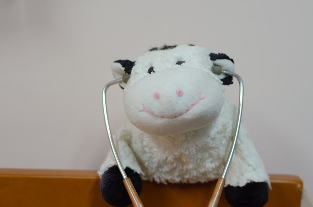 a stuffed cow with a stethoscope attached to it