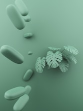 a green background with some plants and rocks