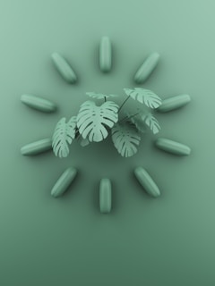 a bunch of green pills with a plant in the middle
