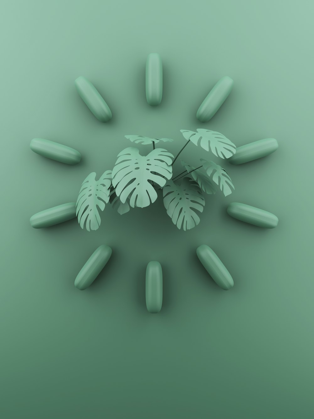 a bunch of green pills with a plant in the middle