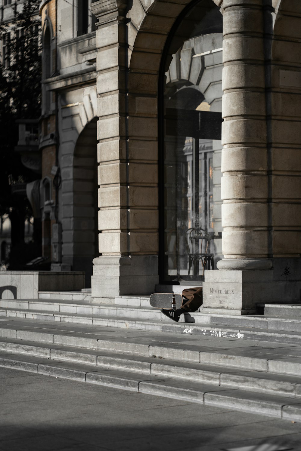 a man riding a skateboard down some steps