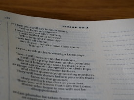 A close-up of a page from a Bible, specifically from the book of Isaiah, displaying verses with heading numbers at the top. The text is printed in black on an off-white page with blue chapter headings.