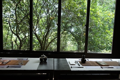 A table is set for dining, with placemats, chopsticks, and small dining vessels. The setting is minimalistic and elegant, with a view of lush green foliage outside a large window. Sunlight filters through the leaves, creating a serene and natural atmosphere.