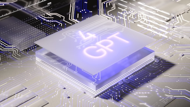 A stylized, futuristic circuit board design featuring a glowing chip with the letters 'GPT' prominently displayed. The environment is illuminated with neon lights and numerous intricate circuit patterns reflecting cutting-edge technology.