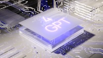 A stylized, futuristic circuit board design featuring a glowing chip with the letters 'GPT' prominently displayed. The environment is illuminated with neon lights and numerous intricate circuit patterns reflecting cutting-edge technology.