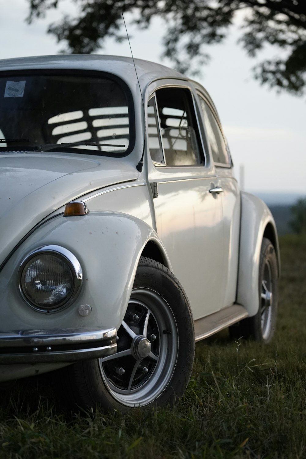 a white vw bug is parked in the grass