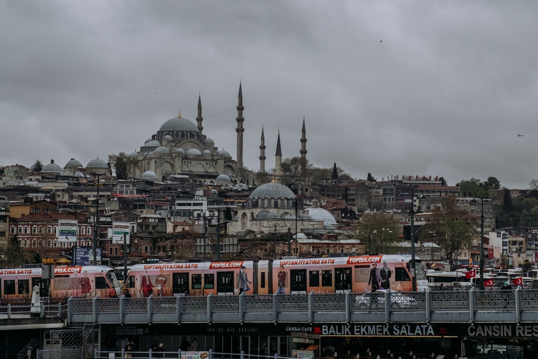 a train traveling over a bridge next to a city, maximalism in Istanbul