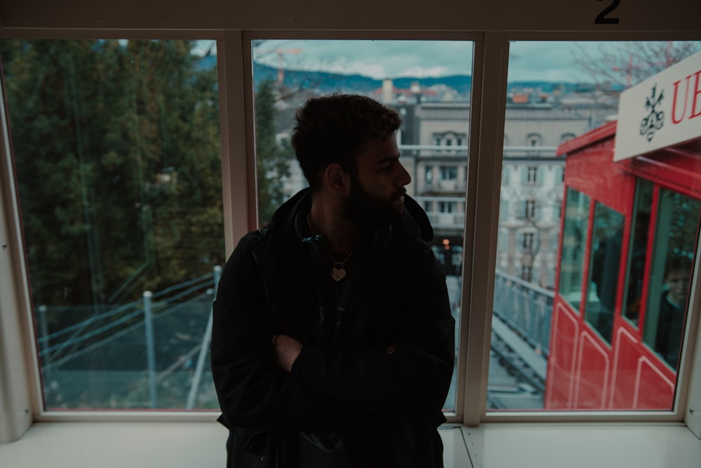 a man standing in front of a window in a building