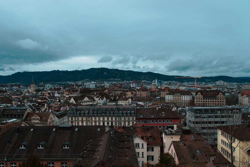 a view of a city with mountains in the background