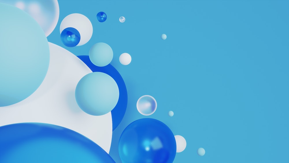 a blue and white background with bubbles