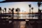 Evening shot of a luxury screened lanai glowing softly under palm trees with a sunset sky in the background.