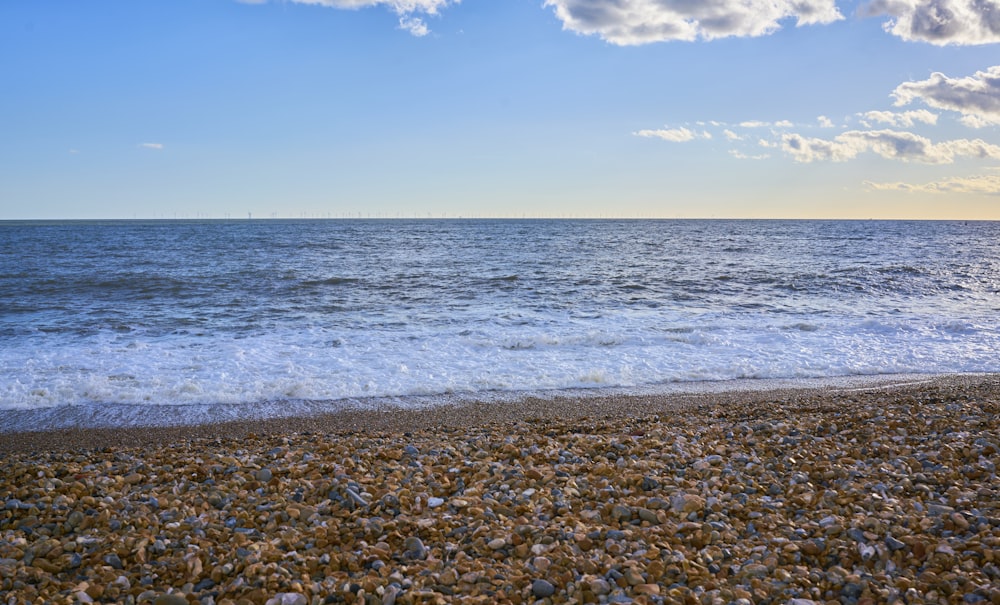 a rocky beach with a body of water in the distance