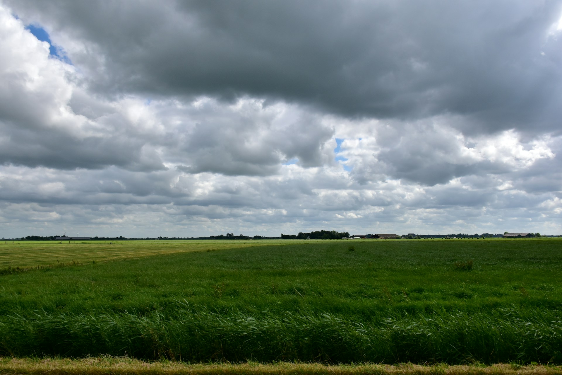 a large field of green grass under a cloudy sky