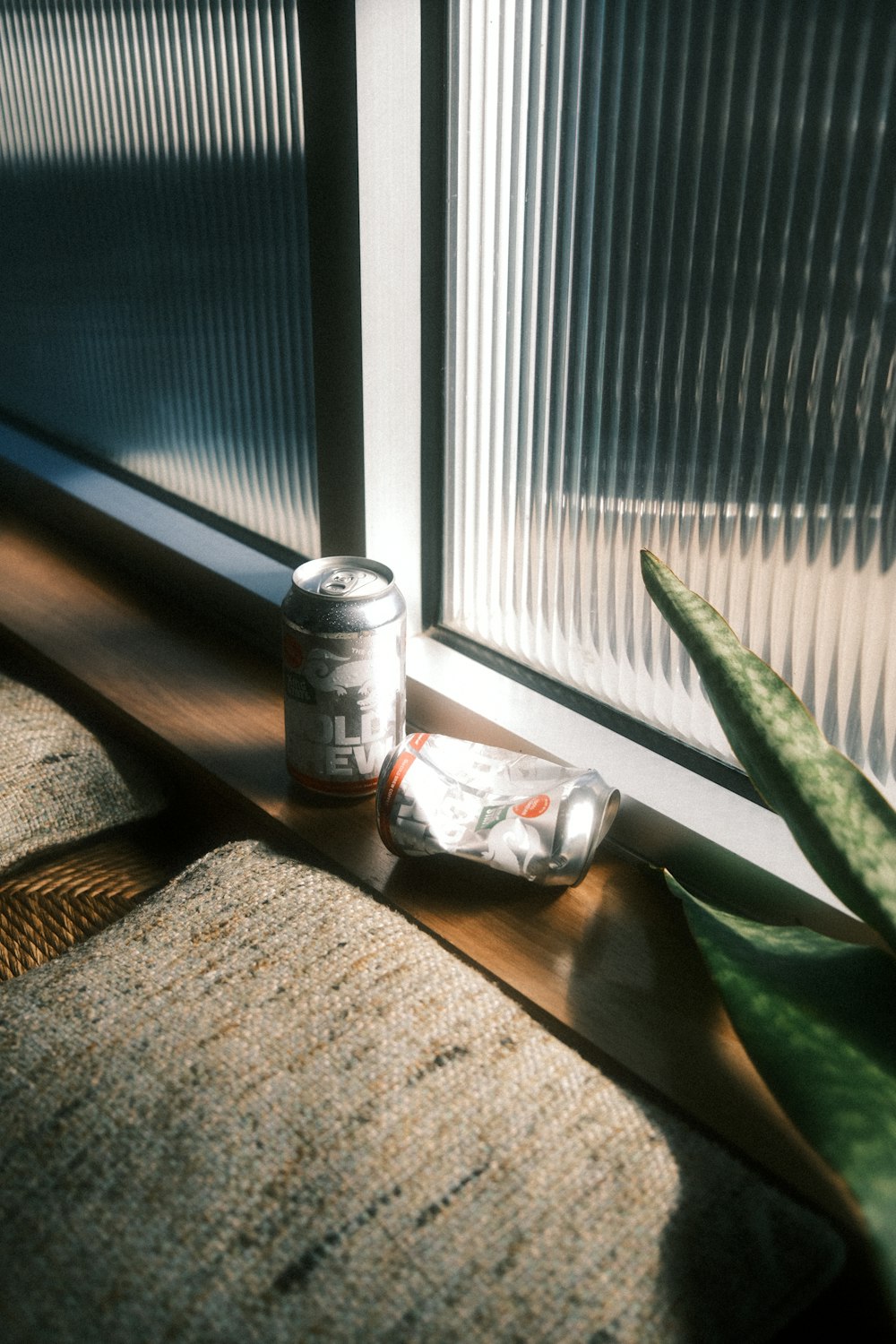 a can of soda sitting on a window sill next to a plant