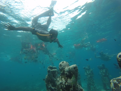 a man swimming in the ocean with a lot of fish