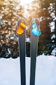 Two pairs of dark skis are standing upright in the snow. Each ski has a pair of colorful ski goggles attached, one in orange and the other in blue, reflecting the bright sunshine. In the background, there are snow-covered trees, with sunlight filtering through, creating a warm glow.